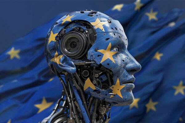 AI ACT abstract image with robot head and European Union flag