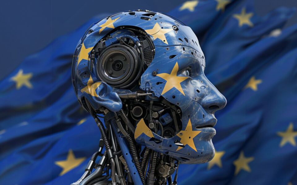 AI ACT abstract image with robot head and European Union flag
