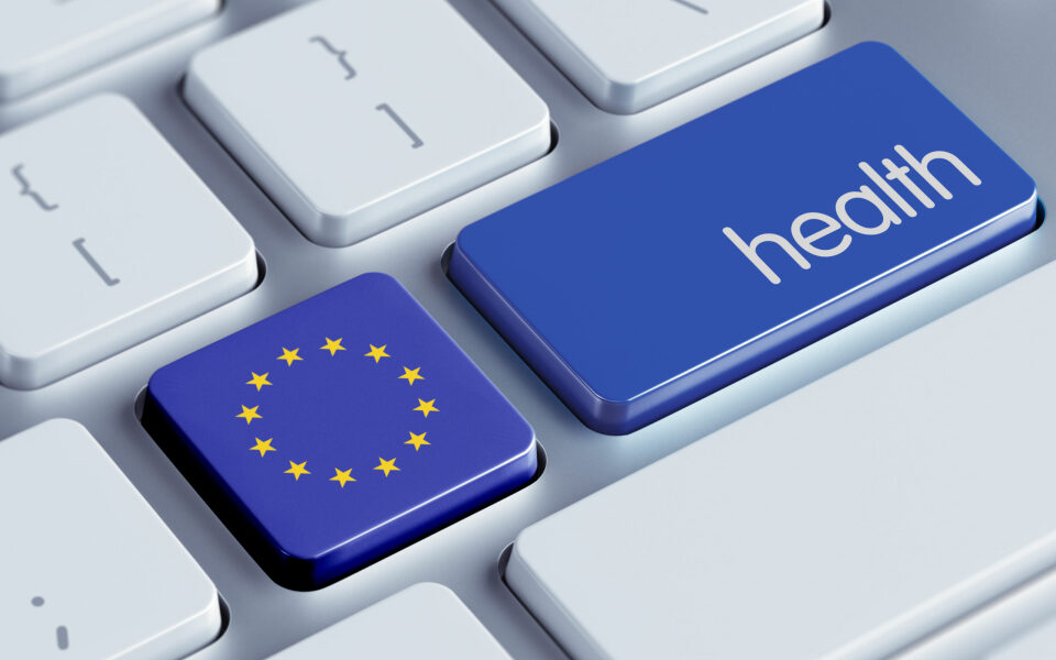 Keypad with a button bearing the European Union logo and the word health