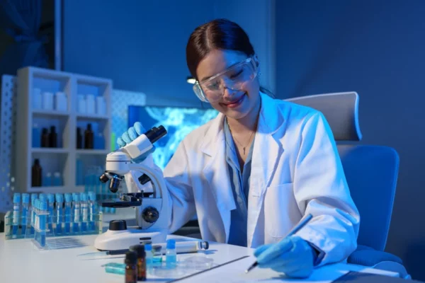 Asian scientist looking at a microscopic sample of experimental cyan is doing an in vitro vaccine experiment in a science lab