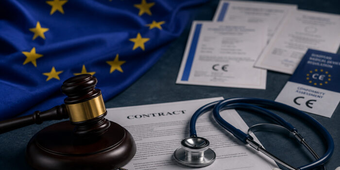 EU flag with a judge's gavel, stethoscope and CE conformity assessment certificates on a contract — illustrating harmonised EU rules for notified bodies under MDR and IVDR.