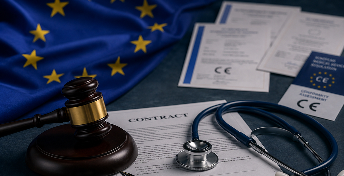 EU flag with a judge's gavel, stethoscope and CE conformity assessment certificates on a contract — illustrating harmonised EU rules for notified bodies under MDR and IVDR.