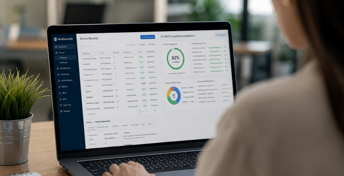 Regulatory affairs specialist reviewing a medical device compliance dashboard on a laptop, showing EU MDR compliance scores, UDI device records and certification status — illustrating mandatory EUDAMED registration for manufacturers.