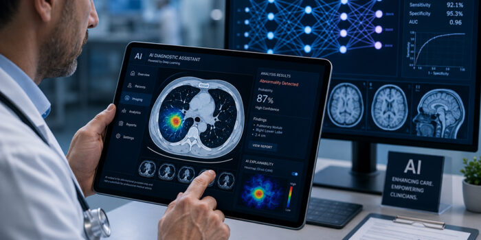 Clinician using an AI diagnostic assistant on a tablet to analyse a lung CT scan, with neural network visualisation and ROC curve on a secondary monitor — illustrating high-risk AI medical software under the EU AI Act.