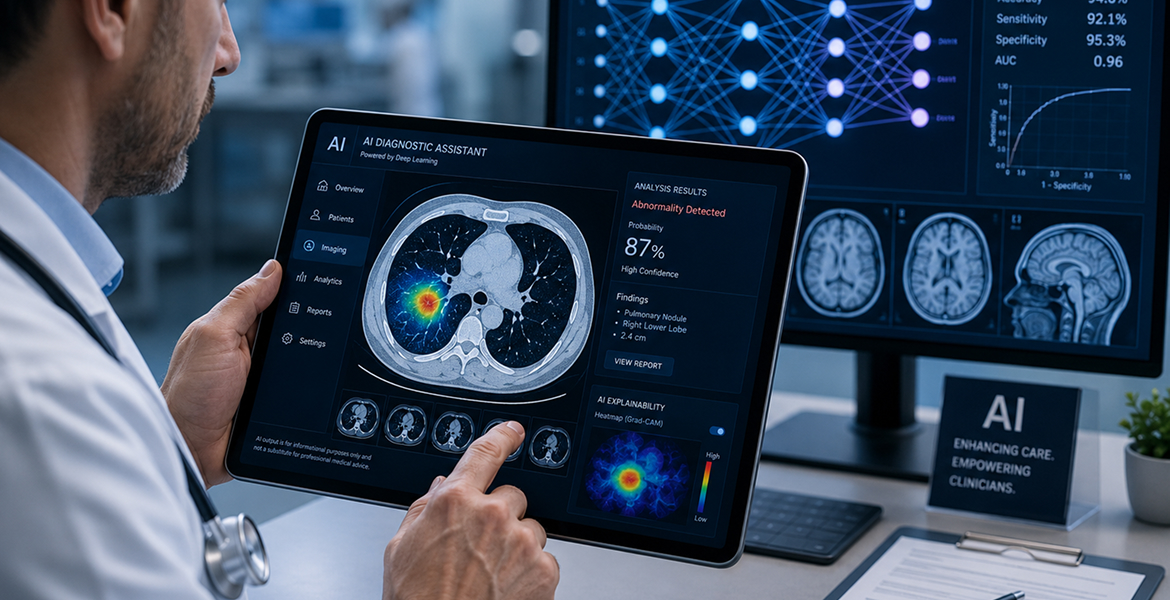 Clinician using an AI diagnostic assistant on a tablet to analyse a lung CT scan, with neural network visualisation and ROC curve on a secondary monitor — illustrating high-risk AI medical software under the EU AI Act.