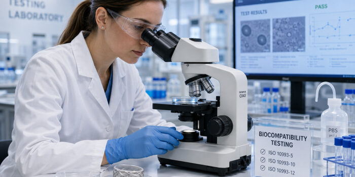 Female scientist in a testing laboratory examining medical device samples under a microscope, with a biocompatibility test results screen showing ISO 10993-5, 10993-10 and 10993-12 — illustrating biological evaluation of medical devices.