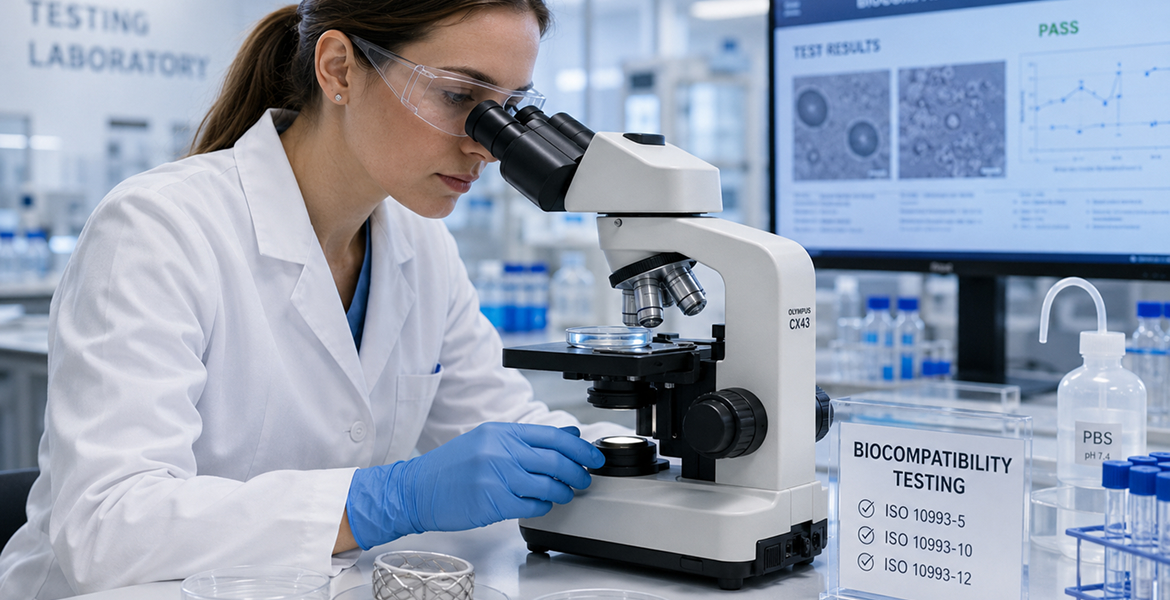 Female scientist in a testing laboratory examining medical device samples under a microscope, with a biocompatibility test results screen showing ISO 10993-5, 10993-10 and 10993-12 — illustrating biological evaluation of medical devices.